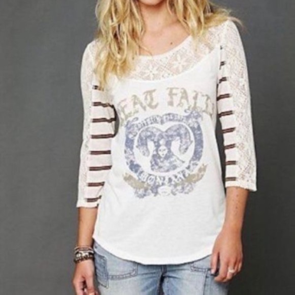 FREE PEOPLE Creme Ivory Eyelet Lace Trim Great Falls Montana Ram Graphic Top
